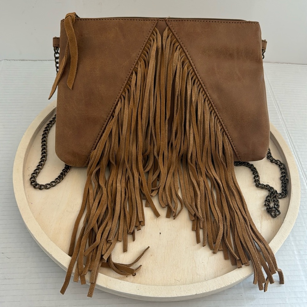 Tan Vegan Suede Fringe Envelope Shape Crossbody Bag